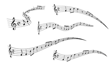 Vector set of musical notes in decorative wavy patterns isolated on white background	
