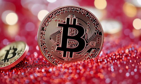 Vibrant bitcoin coins glimmering on red sequins displaying financial luxury and cryptocurrency trend