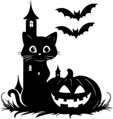 Halloween Silhouette of a Carved Pumpkin with a Spooky Castle and Flying Bats
