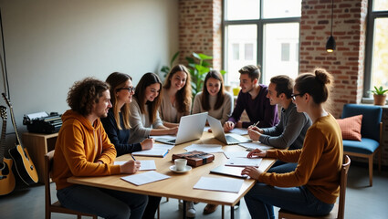 Diverse group collaborating around a table in a modern workspace. A group of young adults, appearing to be students or colleagues, are engaged in a collaborative session around a light wooden table.