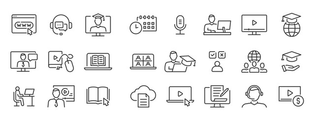 Line icons illustrating remote education concepts