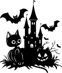 Halloween Silhouette of a Carved Pumpkin with a Spooky Castle and Flying Bats