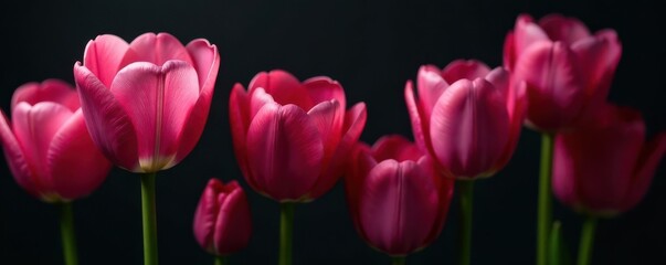 Fototapeta premium Luxurious pink tulips, silk-like petals, dark backdrop, ample copy space , delicate, vibrant, soft
