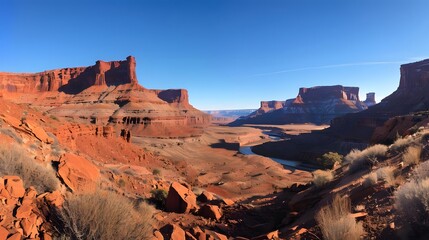 Red Rock Canyon Landscapes: A Breathtaking View of Desert River and Majestic Cliffs under a Vivid Blue Sky, Showcasing Dramatic Colors and Geological Formations in a Stunning Natural Setting.