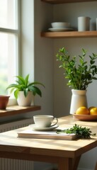 Minimalist kitchen, stylish herbs, tea, notebooks, stationery, stylish, arrangement