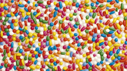 Colorful sprinkles scattered on a white surface.  A vibrant mix of round and oblong sprinkles in various hues, creating a festive, celebratory look