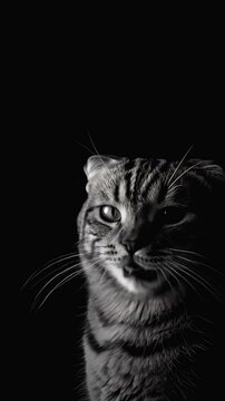 A striking monochrome portrait of a cat with intricate fur patterns. Dramatic low-key lighting highlights its expressive features against a solid black background, creating a sense of intimacy and mys