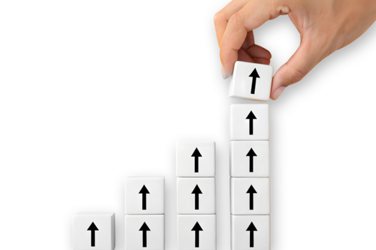 Growing graph made of blocks and up arrows. Steps of growth. Enlargement and growth concept. Career, economics. Statistics and news. Skills and self-development concepts