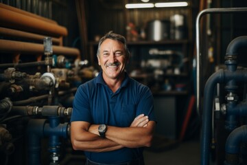 portrait of a smiling middle aged plumber small business owner