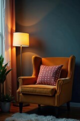Retro armchair, glowing pillow lamp, potted plant Gray wall, window light , living room, modern, plant
