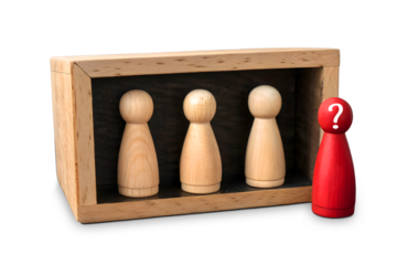 A minimalistic scene with five wooden figurines. Four natural wood-colored figurines stand in a row inside a dashed rectangular box