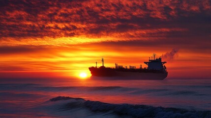 Obraz premium An oil tanker ship moves gracefully over gentle waves as the sun sets, casting brilliant orange and purple hues across the sky, creating a serene and peaceful maritime atmosphere