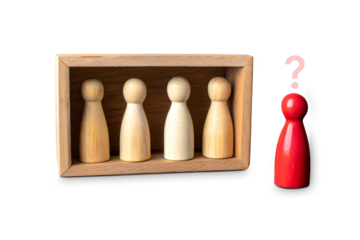 A minimalistic scene with five wooden figurines. Four natural wood-colored figurines stand in a row inside a dashed rectangular box