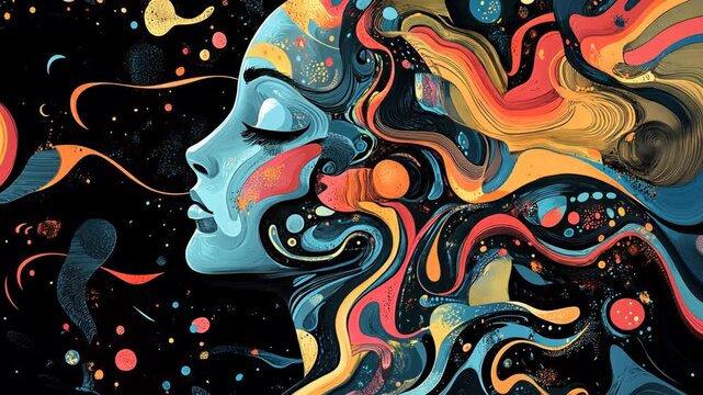 Psychedelic Cartoon Woman Face Vector Art with Floral and Animal Patterns