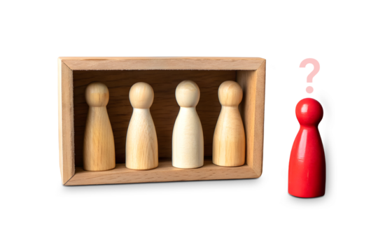 A minimalistic scene with five wooden figurines. Four natural wood-colored figurines stand in a row inside a dashed rectangular box