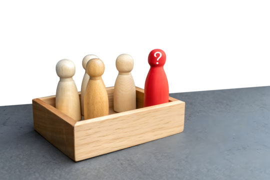 A minimalistic scene with five wooden figurines. Four natural wood-colored figurines stand in a row inside a dashed rectangular box