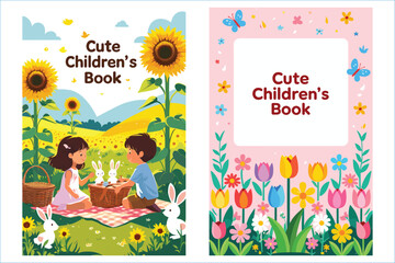 Fototapeta premium Adorable Childrens Book Cover Illustration Set Featuring Floral Fields And Picnic Scene