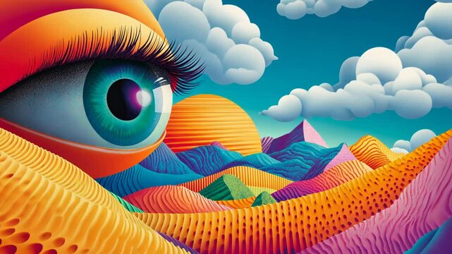 Vibrant Psychedelic Cartoon Illustration of a Woman's Eye in Neonwave Design