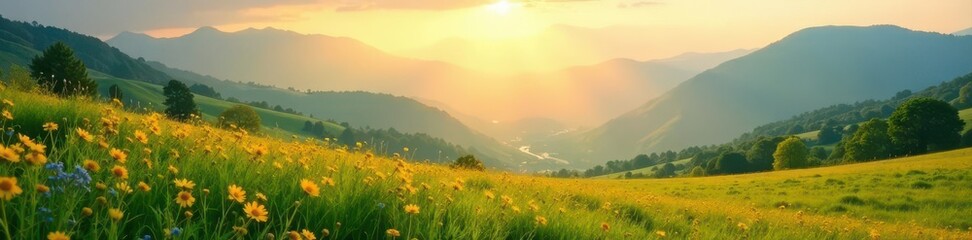 Fototapeta premium Sun-drenched meadow, soft hills, hazy mountains Tranquil digital landscape, nature scene , idyllic, sunlight, peaceful
