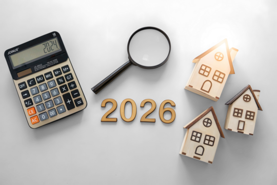 A conceptual image representing the year 2026. A human hand holds a small brown desk calendar with '2026' written on it in bold white text