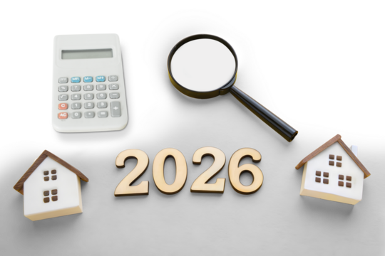 A conceptual image representing the year 2026. A human hand holds a small brown desk calendar with '2026' written on it in bold white text