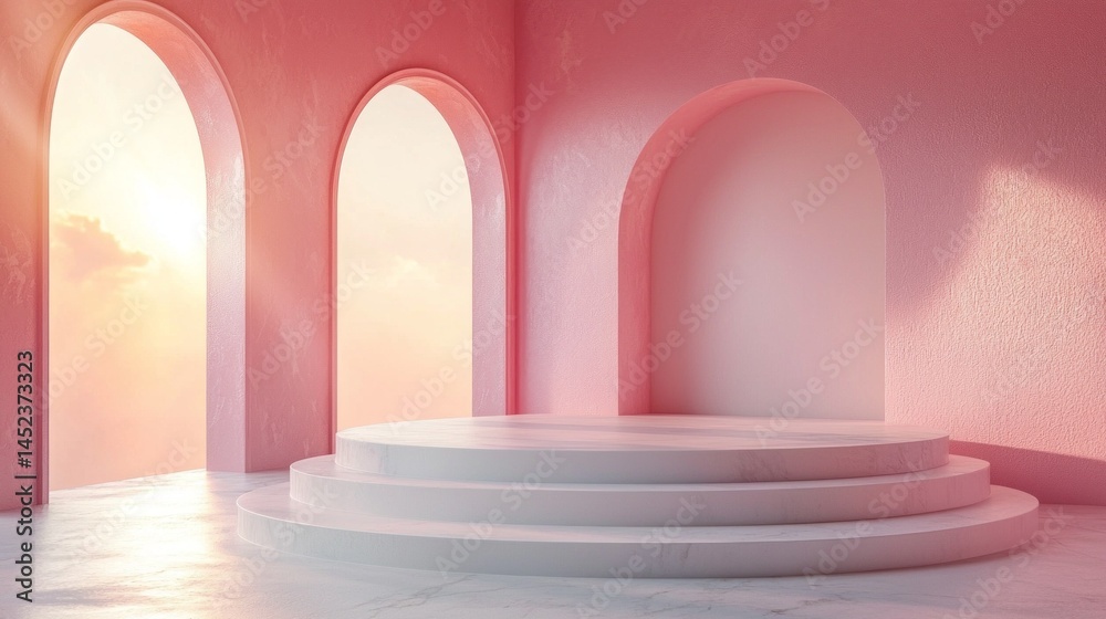 Poster Sunlight filters through arched openings, casting a warm glow over a minimal podium. The soft pink hues create a serene atmosphere, perfect for showcasing products in an inviting space