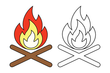 Campfire Icon Set, Colored and Outline Bonfire Vector Illustration.  