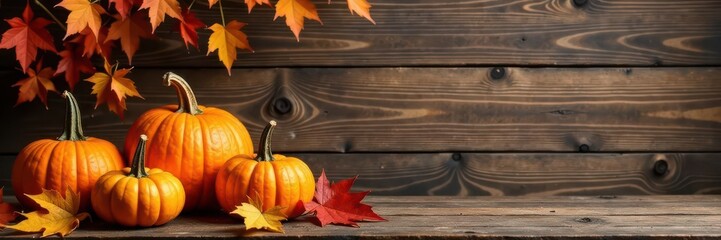 Three pumpkins, vibrant autumn leaves, rustic wood background, decoration, orange