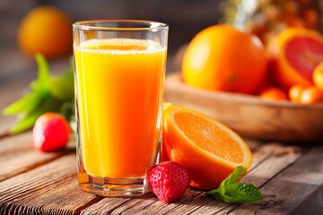 Bright orange juice sits in a glass beside sliced oranges and strawberries, creating a refreshing display on a rustic wooden table, perfect for a sunny brunch