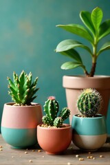 Obraz premium Variety of succulents and cacti planted in unique upcycled containers , plants, botanical