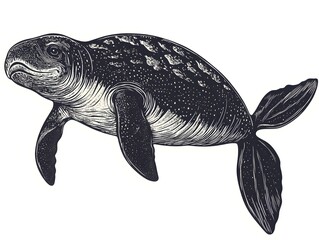 Fototapeta premium Detailed engraved illustration of a Steller's sea cow swimming gracefully underwater in a vintage style.