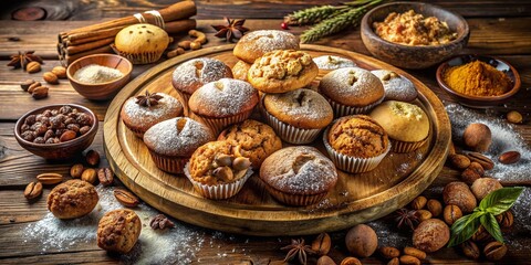 Fototapeta premium Rustic Wooden Plate of Homemade Baked Goods: Cookies, Muffins & Nut Cakes