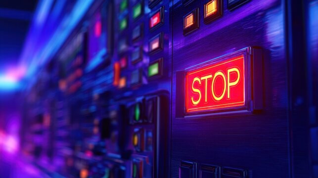 Close-up of illuminated control panel with a prominent red STOP button in a futuristic setting