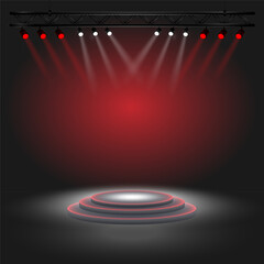 3D round podium on a dark gray background. Dramatic atmosphere, emphasizes the central part. Suitable for visualization of presentations, exhibitions. Vector illustration EPS 10.