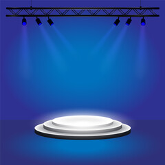 3D white round podium on a blue background. Spotlights, beams illuminate the central platform. Suitable for product demonstrations, presentations, speeches. Vector illustration EPS10.