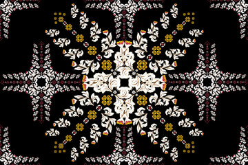 A repeating geometric floral pattern on a black background, exuding elegance and intricacy with Thai-inspired decorative elements.