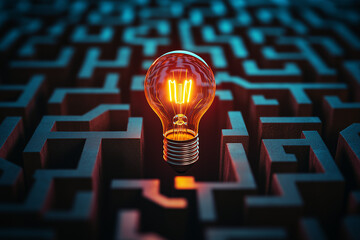 Illuminated Light Bulb Emerging Within a Labyrinth Symbolizing Bright Ideas