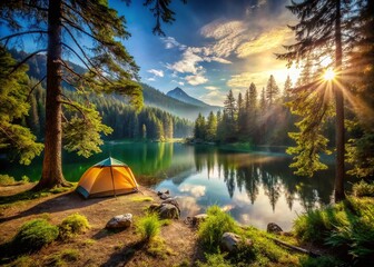 Serene Lakeside Camping: Hiking Trail to Secluded Forest Tent Site