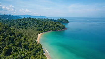 Fototapeta premium Aerial View of Vibrant Tropical Jungle and Pristine Azure Beach