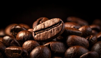 Primer plano de granos de café sobre fondo oscuro