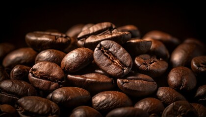 Naklejka premium Primer plano de granos de café sobre fondo oscuro