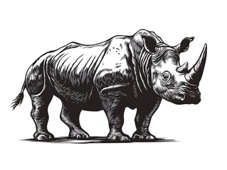 Fototapeta premium A detailed black and white illustration depicts a powerful rhinoceros standing majestically against a stark white background showcasing its impressive