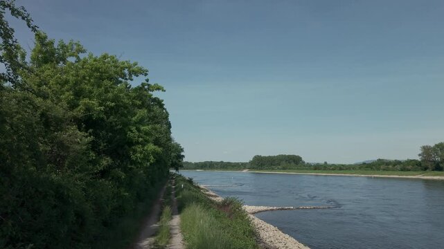 Aerial view of a walking path along the Rhine River near Ketsch, Palatinate side, captured by drone in serene daylight.