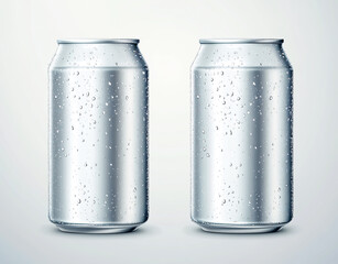 Vector silver can with water drops isolated on a white background, front and back side mockup