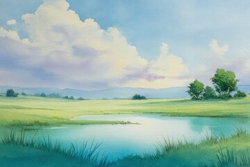 Naklejka premium Vibrant landscape with a tranquil pond surrounded by lush greenery at sunset in a serene rural setting