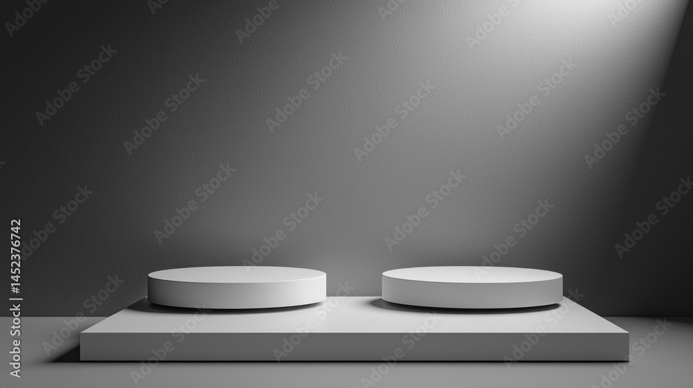 Poster Two round, minimal podiums sit in a sleek, neutral space, illuminated by soft light. This setup creates an elegant and modern display for potential products or artwork