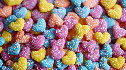 Colorful heart-shaped candies in a close-up view.  A vibrant mix of  pink, blue, yellow, and orange hearts, densely packed together. Each heart is covered with small, colorful sprinkles