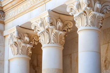 Naklejka premium Ancient Columns: Capturing the enduring beauty of classical architecture, three intricately carved columns stand tall, showcasing a timeless elegance. These columns, remnants of a glorious past.