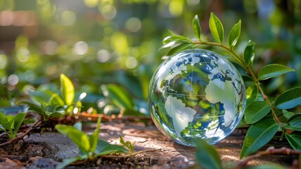 Glass Globe with World Map and Lush Green Leaves