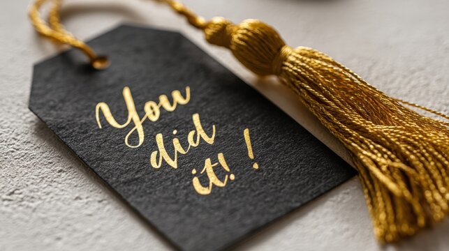 Triumph Tag: A sleek black tag with a gold tassel, emblazoned with the powerful message "You did it!" symbolizing success and accomplishment, presented with sophistication and elegant aesthetic.